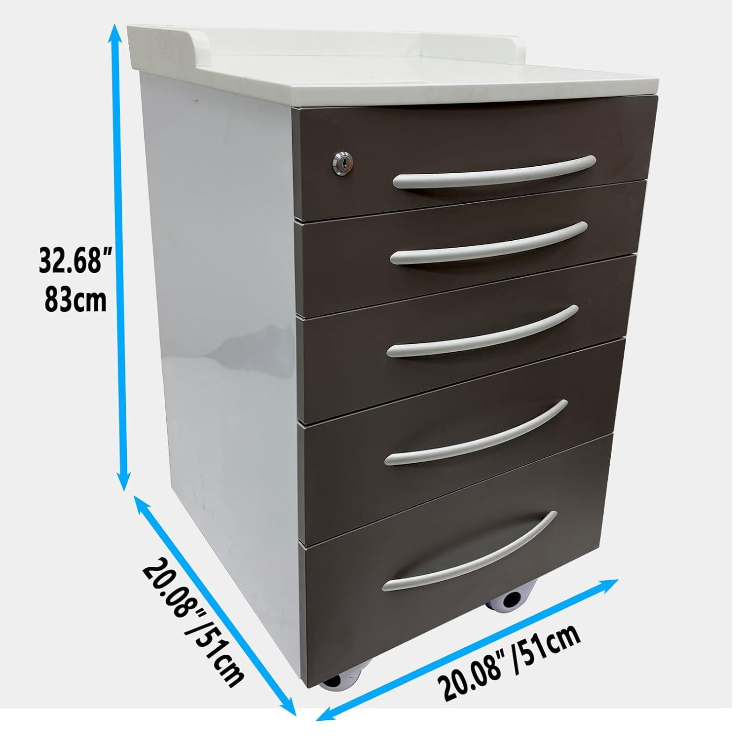 Dental Assistant's Mobile Cart Office File Storage Cabinet with 4 Drawers and 2 Storage Trays Brown for Office Hospital School Home Hospital with Lock and Wheels