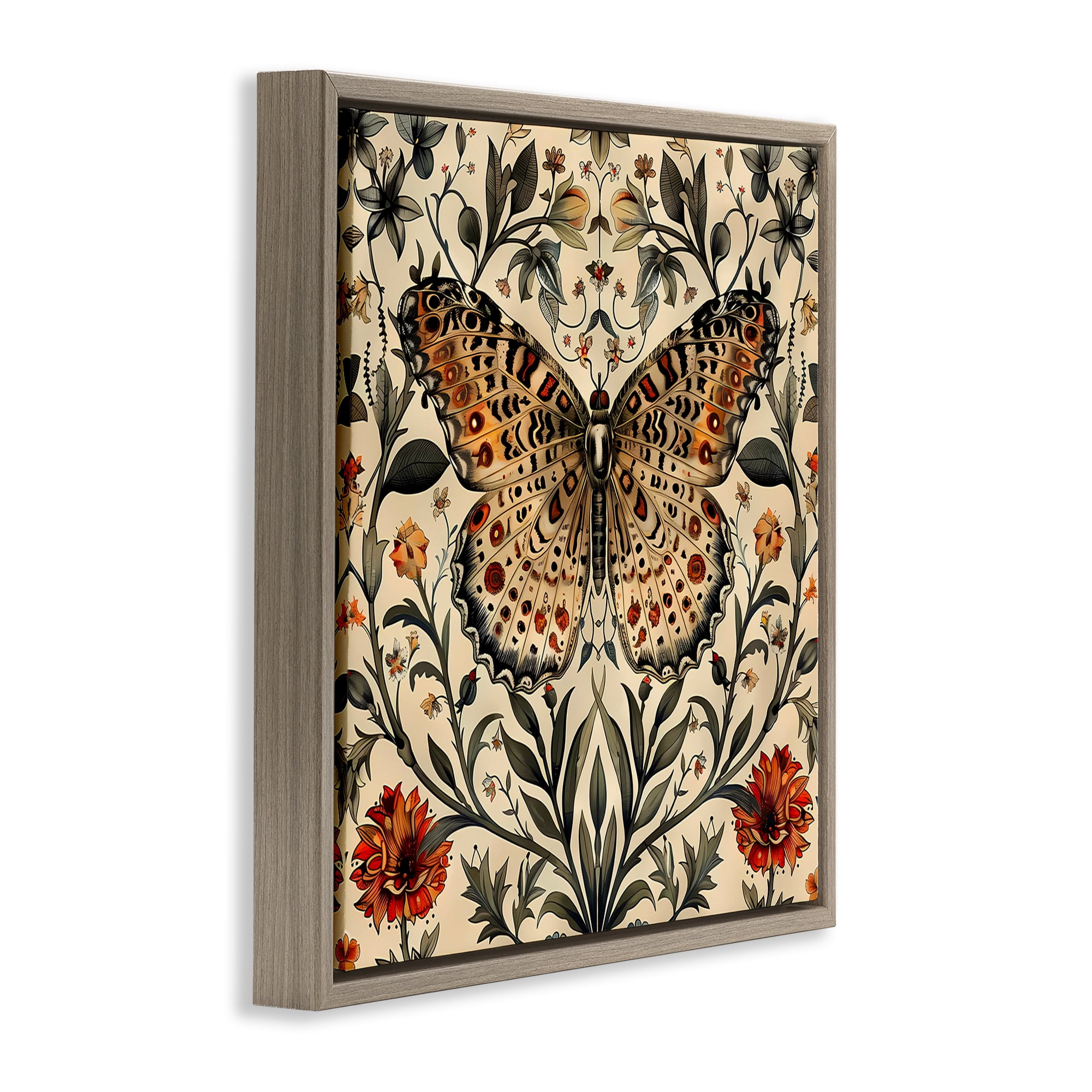 Stupell Industries Baroque Butterfly & Botanicals Animals Painting Brown Floater Framed Canvas Art Print Wall Art, 25 x 25