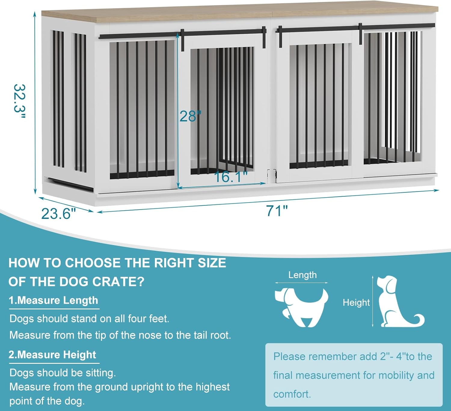 Spacious 71" Wooden Dog Crate for 2 Dogs, Stylish Heavy-Duty Dog House with Divider and Dual Trays, Perfect as Indoor Furniture or TV Stand