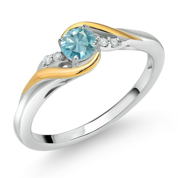 Gem Stone King 925 Sterling Silver and 10K Yellow Gold Round Blue Zircon and White Lab Grown Diamond Engagement Ring for Women (0.53 Cttw, Gemstone Birthstone, Size 6)