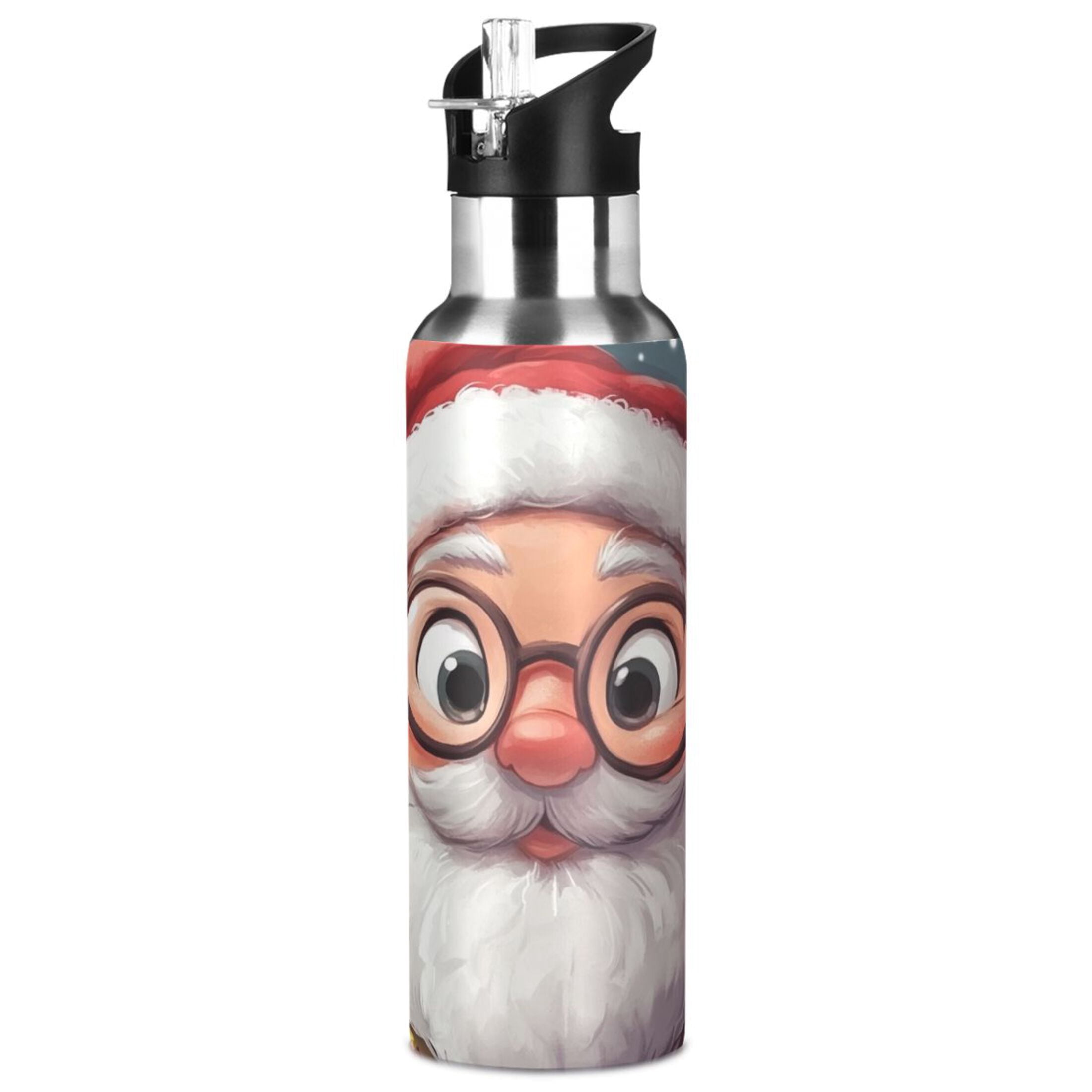 Cute Santa with Glasses Sports Bottle with Straw Stainless Steel Water Jug Portable Thermal Cup Leak-proof 1000ML