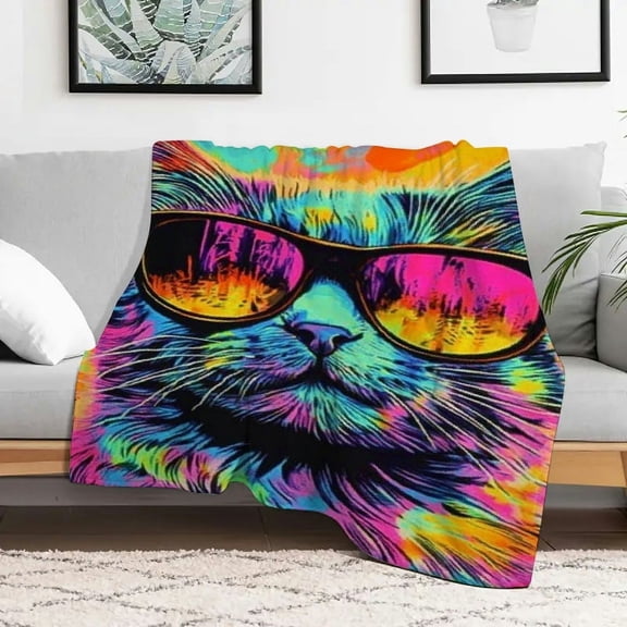 Creowell Cat Sunglasses Tie Dye Flannel Blanket for All Seasons 30x40in