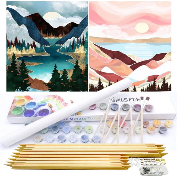 Paint by Numbers Kit for Adults Beginners,12" Wx16 L 2 Pack Canvas for Painting Kits for Adults in Colorful Box-Sunset Lake Mountains 1112-DIY Frame