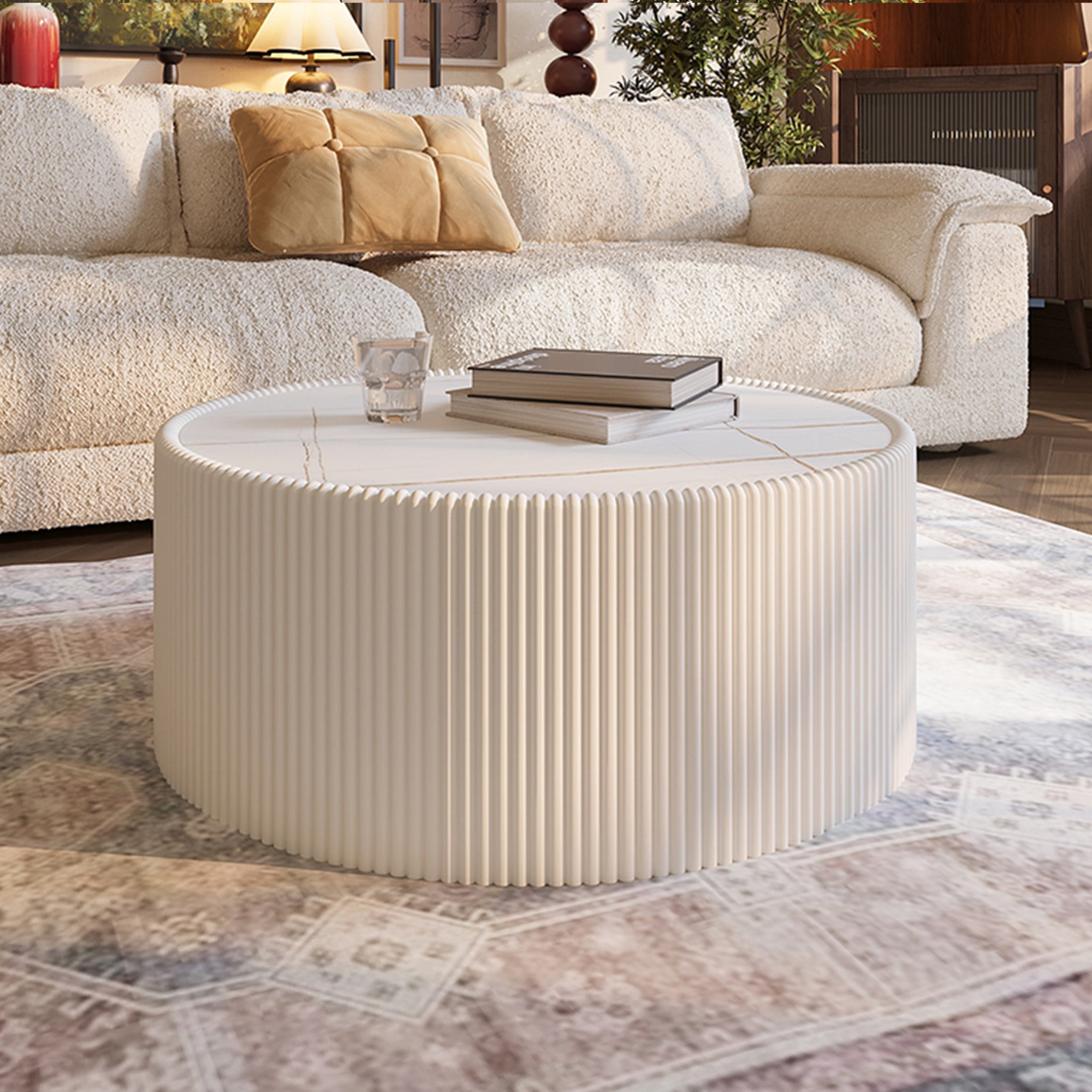 Noble House Halvion 29" Cylinder Sintered Stone Coffee Table with Leather Wrapped Frame, Modern Sofa Table, Milk White