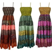 Mogul Wholesale Lot of 3 Pcs Patchwork Midi Dress Strappy Printed Tiered Sari Bohemian Dresses