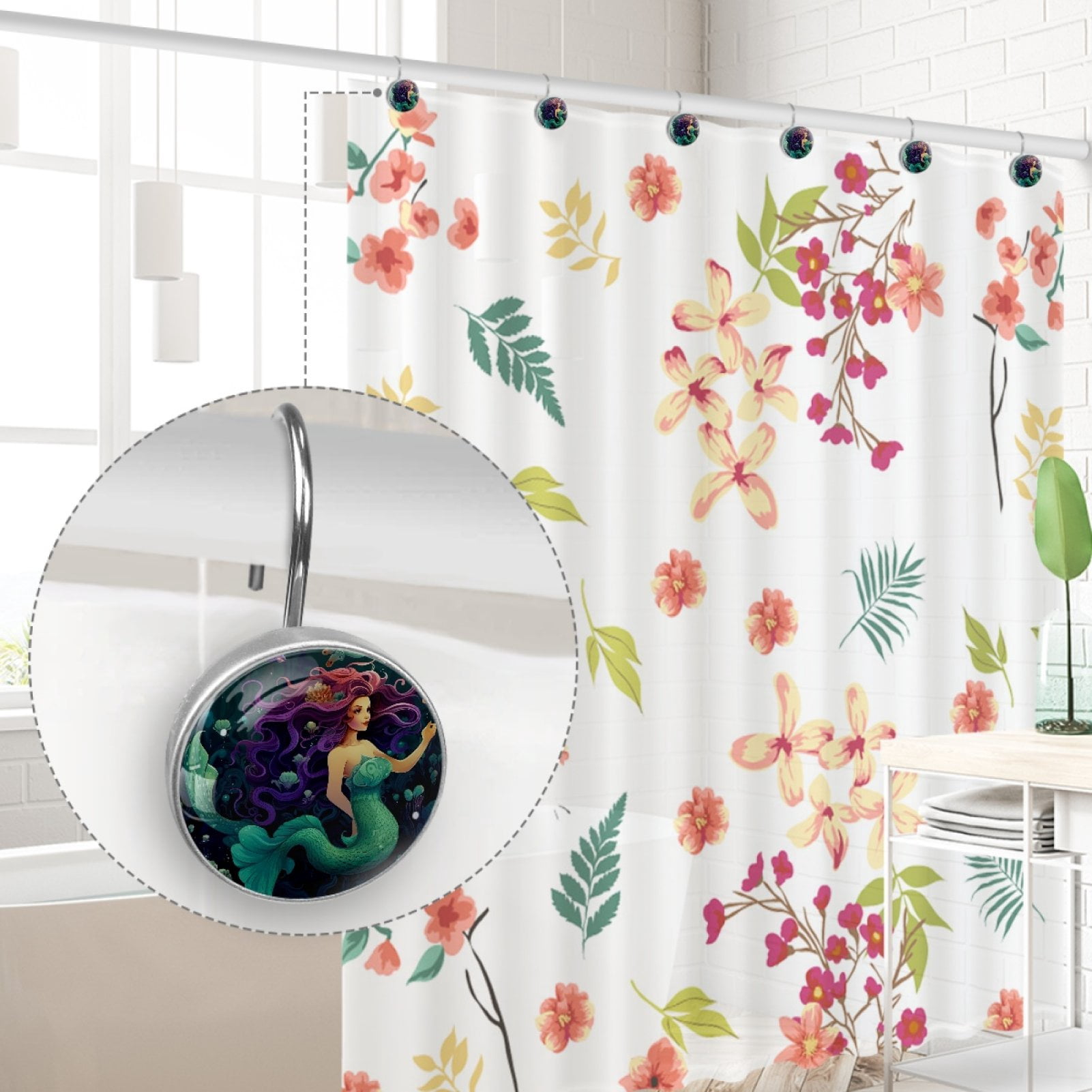 HemaKayy 12 Pcs Decorative Shower Curtain Hooks - Stainless Steel Rings for Bathroom Décor - Easy Glide & Secure Hold - Perfect Decoration for Bathroom Shower Rods - Ocean World Mermaid