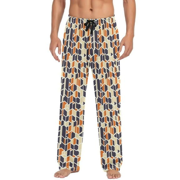 Geometric Patterns in Navy Blue and Orange Mens Pajama Pant Sleep and Lounge Bottons with Pockets