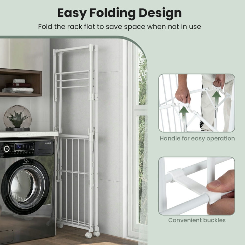 Finihen Drying Rack, Clothes Drying Rack, 68.5 Inches Foldable Aluminum Laundry Rack with Hanging Rods and Drying Shelves, for Indoor, Outdoor, White Finihen Drying Rack, Clothes Drying Rack, 68.5 Inches Foldable Aluminum Laundry Rack with Hanging Rods and Drying Shelves, for Indoor, Outdoor, White