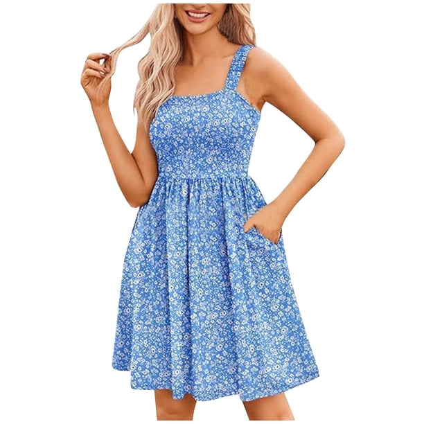 Vestido de Verano Casual Corbata Bolsillo sin Mangas Cintura Alta A-Línea, Vestido Lindo de las Mujeres para la Primavera Y el Verano