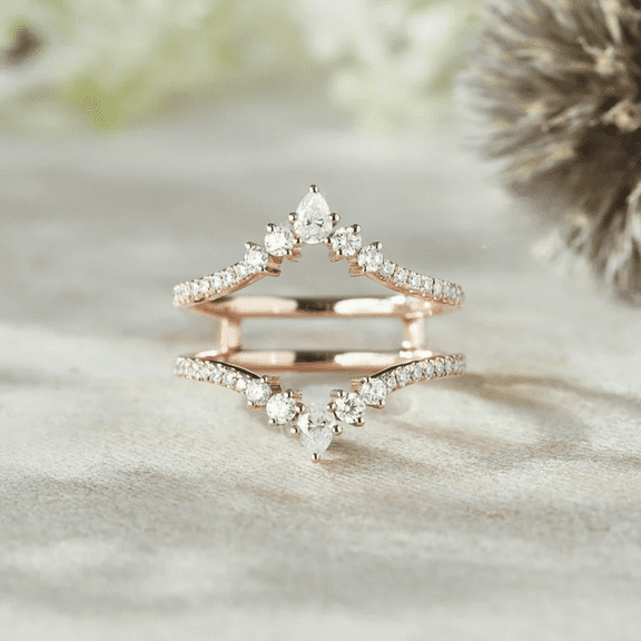 Pear Shaped Diamond Wedding Ring Enhancer- Stacking Promise Ring in 14K Rose Gold Vermeil- Mother's day Special