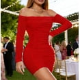 thumbnail image 2 of RongHuan Bodycon Dress for Women Off Shoulder Mini Dress Elegant Long Sleeve Dresses Pleated Guest Gown, 2 of 6