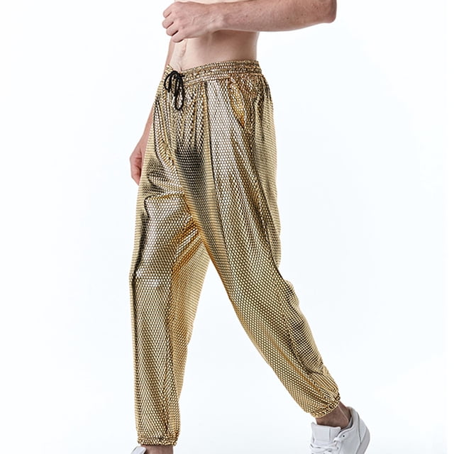 jsaierl Reflective Pants Men Hip Hop Trousers Casual Gold Print Jogger Sweatpants Drawstring Sequin Shiny Trousers