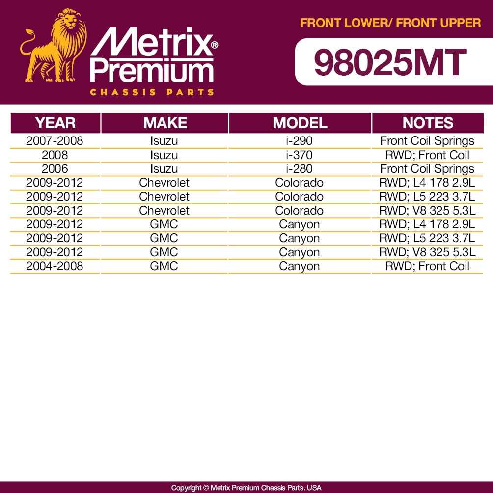 Metrix Premium Chassis Parts - 4 PC Front Upper & Front Lower Ball Joint Kit Fits 07-08 Isuzu i-290, 08 i-370 RWD, 09-12 Chevrolet Colorado RWD, 04-12 GMC Canyon, K80997 K80764