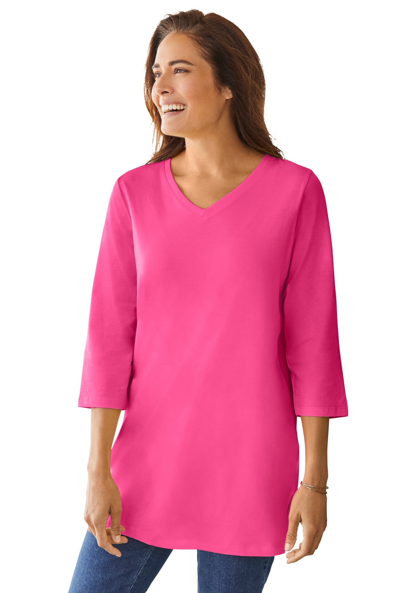 Woman Within Womens Plus Size Perfect V-Neck Three-Quarter Sleeve Tunic 
