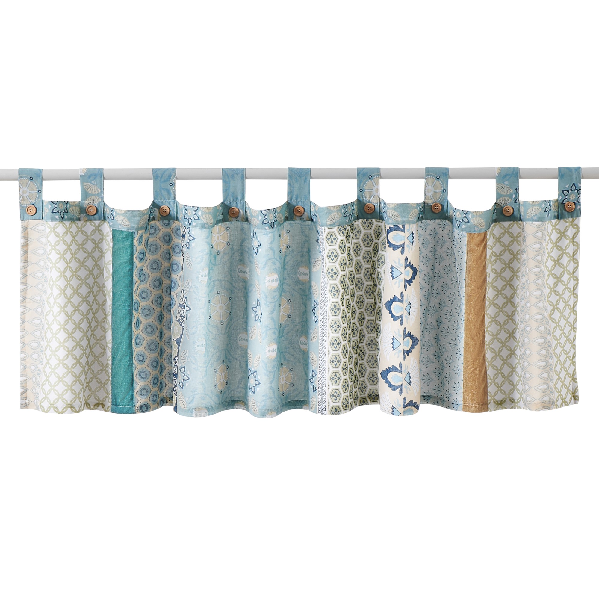 Global Trends Tori Patchwork Button-Embellished Tab Top Window Valance, 84" Wide x 21" Long, Blue