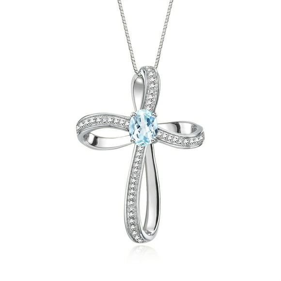 RYLOS Necklace White Gold 14K Cross Necklace Gemstone & Diamonds Pendant With 18" Chain 8X6MM Aquamarine March Birthstone Womens Jewelry Gold Necklace