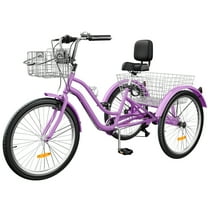 Dextrus 24 Inch 3-Wheel Bike, Single Speed Adult Trike, Low Step-Through Cruiser with Front & Rear Baskets, Large Adjustable Seat with Backrest for Seniors, Men, and Women (Purple)