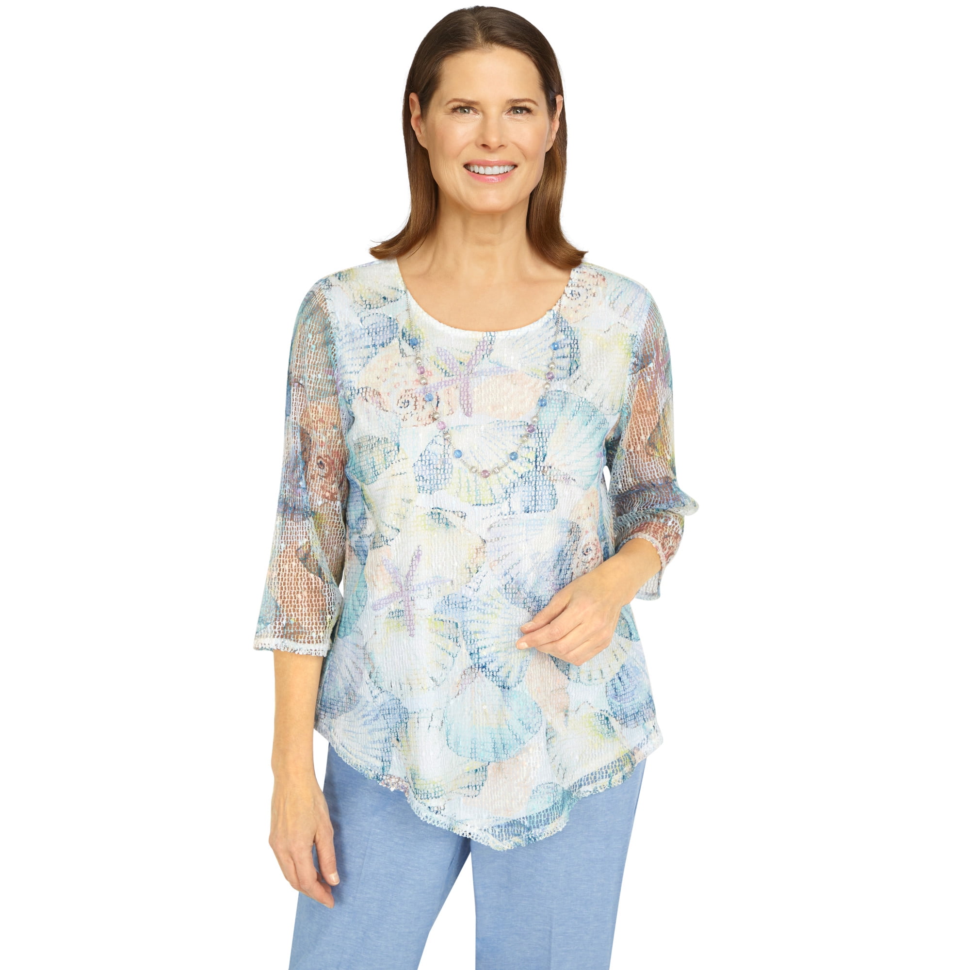 Alfred Dunner Womens Asymmetric Mesh Seashell Top - Walmart.com