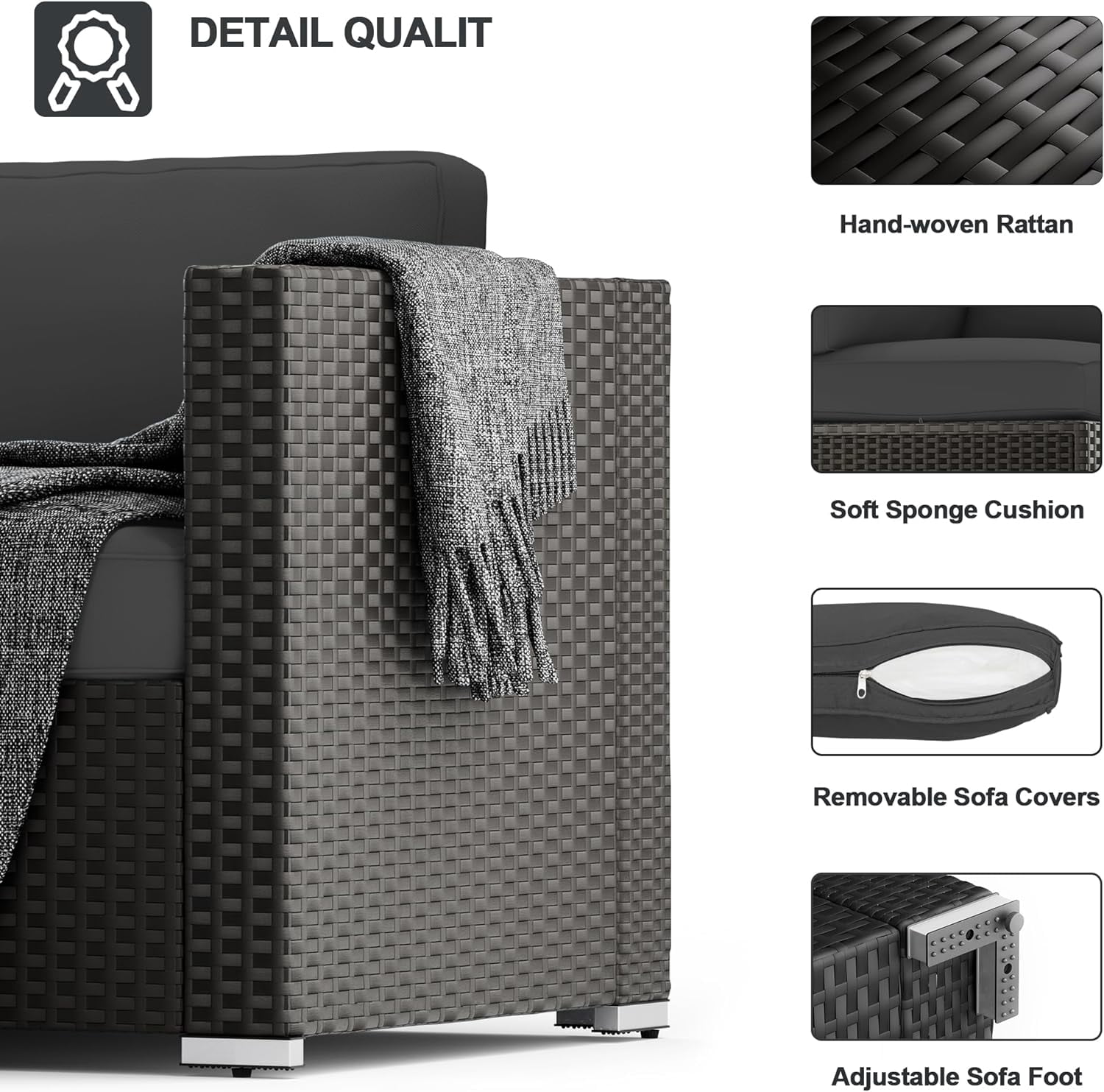 SUNCROWN 7-Piece Outdoor Patio Furniture Sofa Set All-Weather Wicker Sectional Conversation Set with Modern Glass Coffee Table and Cushions,Dark Grey