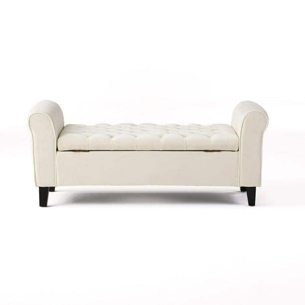 Berggren Contemporary Rolled Arm Velvet Storage Ottoman Bench Ivory And Dark Brown Com Velvet Storage Ottoman Bench Ivory, Tufted Storage Bench With Arms