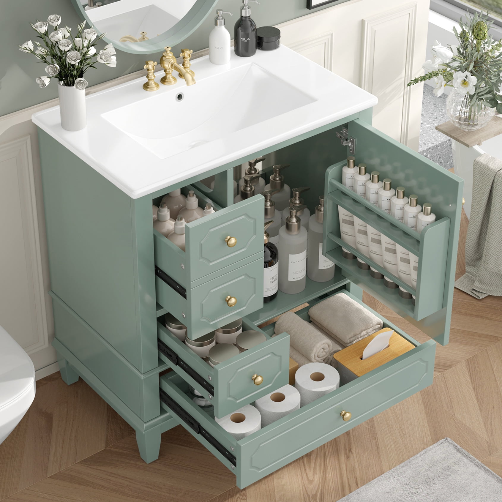 30" Bathroom Vanity with Ceramic Sink ,Soft-Close Door and 3 Drawers, Freestanding Vanity Cabinet with Storage Shelves,Solid Wood Frame Vanity for Bathroom, Light Green