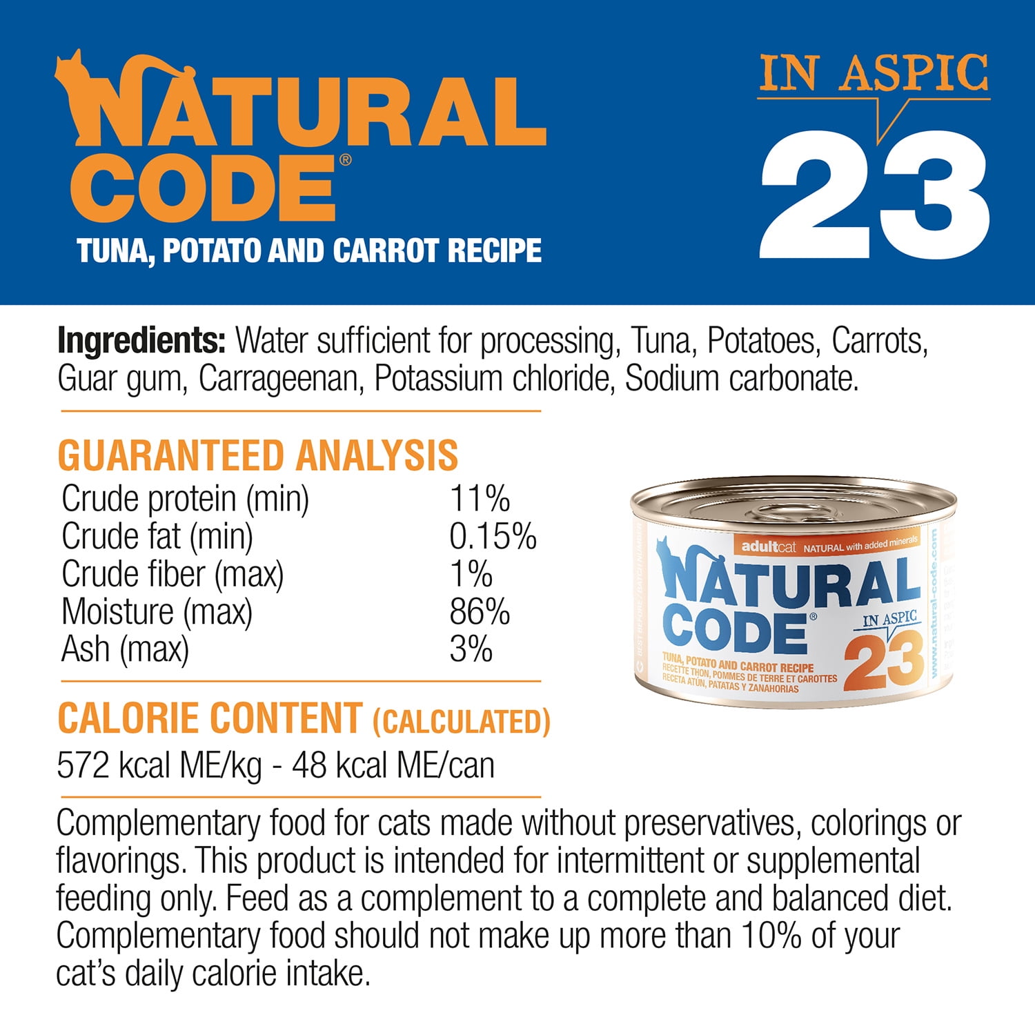 Natural Code - Wet Cat Food, Limited Ingredient, High-Protein, Non-GMO, No Artificial Additives, Made in Italy, Tuna, Potato & Carrot in Aspic for Adult Cats (3 oz, 24 Pack)