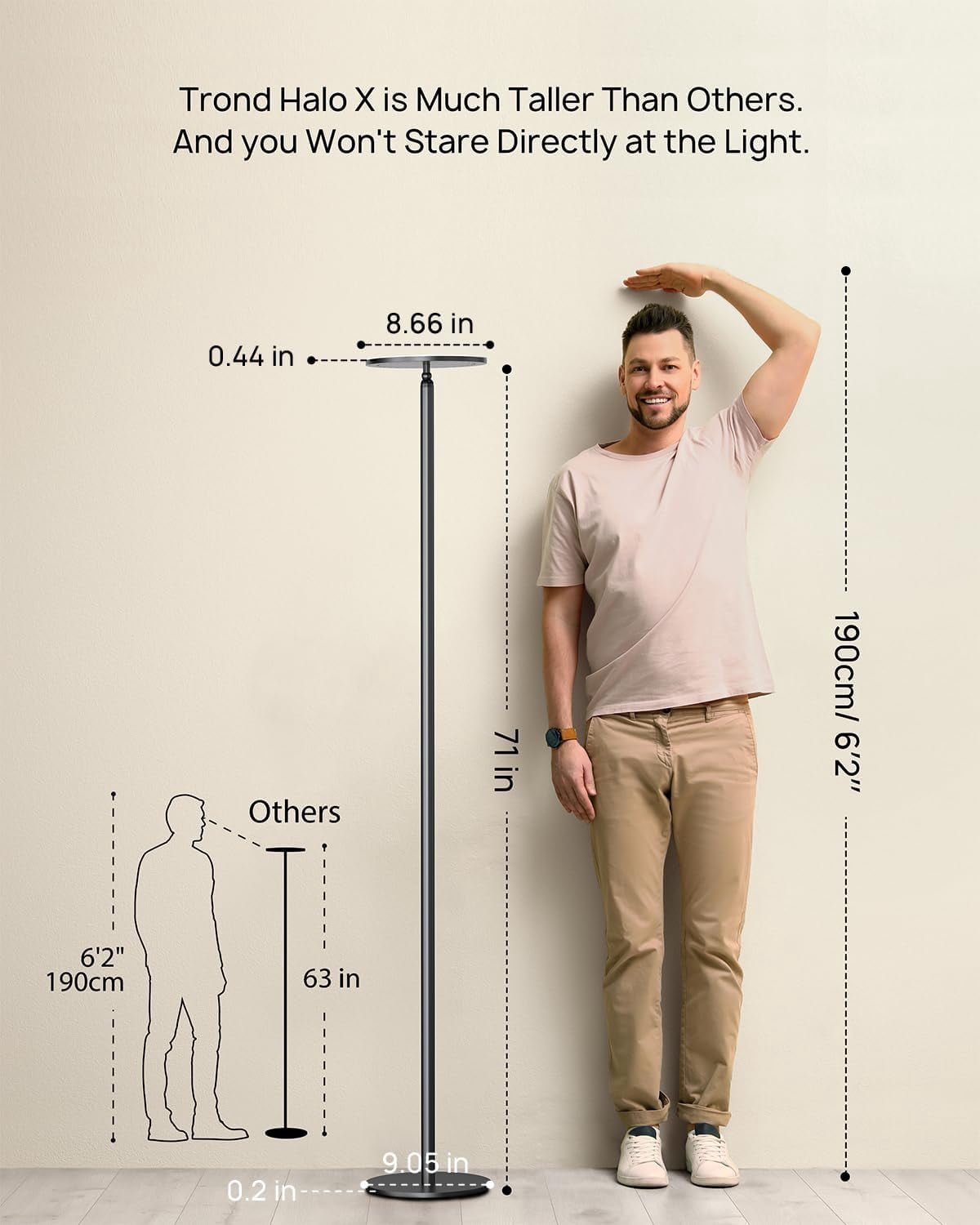 TROND LED Torchiere Floor Lamp, Dimmable 30W, 3000K Warm White Light Max.5000lm, 5-Level Black