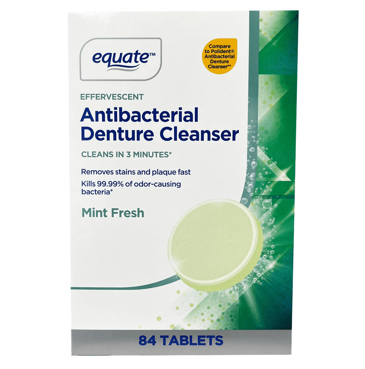 Equate Mint Fresh Effervescent Antibacterial Denture Cleanser Tablets, 84 Count