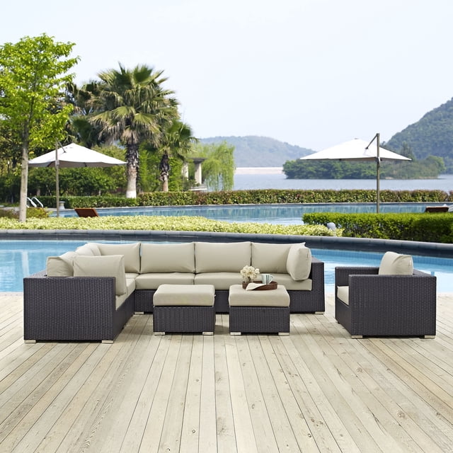 Modway Rattan Convene 9-Piece Wicker Outdoor Patio Furniture Sectional, Beige