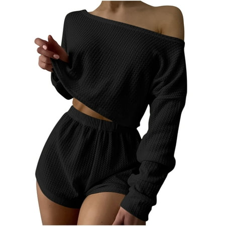 

TZNBGO 2 Piece Outfits For Women Sexy Home Leisure Sets For Women 2 Piece Solid Neck Drop Shoulder Knit Lounge Pajamas Set Waffle Casual Home Button Long Sleeve Suit Black S Gym Sets For Women Tw1669