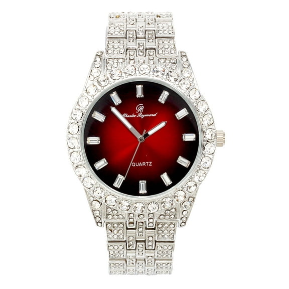 Charles Raymond Mens Hip Hop Metal Blinged Out Wristwatch - Big Rhinestones on Trim and Baguette Iced out Time Indicators on Dial - Master Bling Designer Look - ST10226 BGS Single (Silver Blood Red)