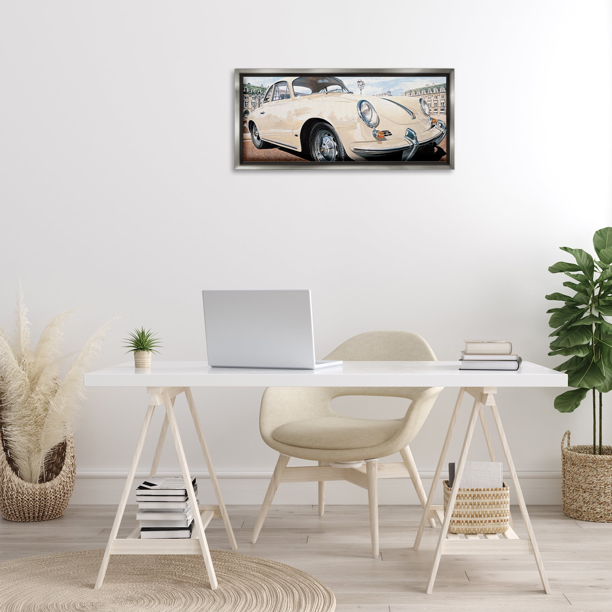 Stupell Industries Vintage Ivory Car Transportation Painting Gray Floater Framed Canvas Art Print Wall Art, 31 x 14