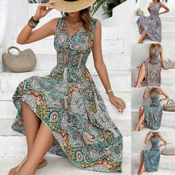 Jacenvly New Plus Size Summer Dresses Women'S Fashion Bohemian V-Neck Loose Sleeveless Print Ankle-Length Dress Breathable Leisure Hawaiian Dresses for Women Green