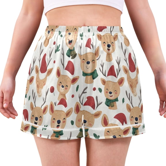Women's Silk Pajama Shorts Christmas Deer with Bells Pajama Shorts Women's Casual Pajama Shorts with Pockets
