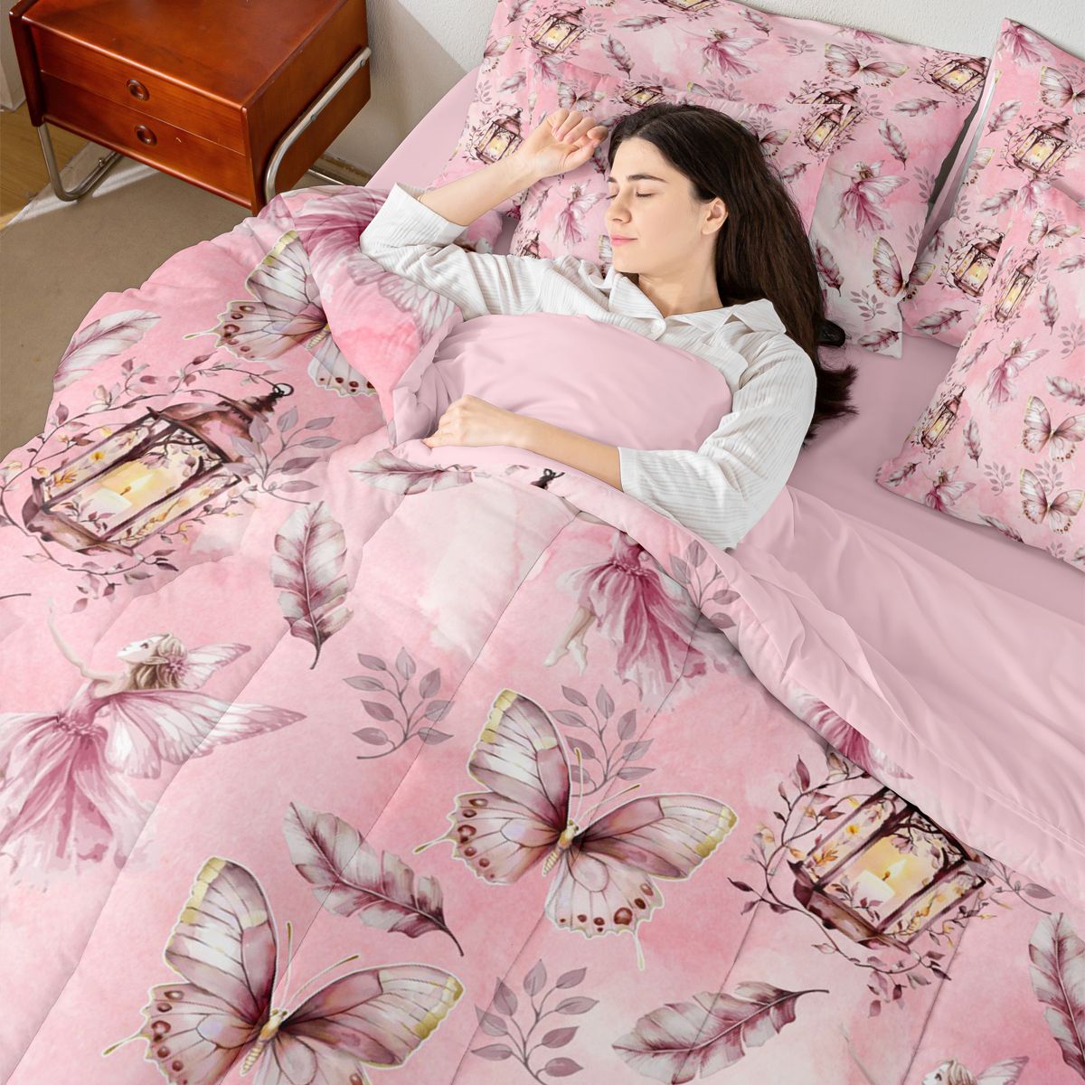 Homewish Flying Pink Butterflies 7pcs Bedding Comforter Set For Teens Girls Adults Female,Dreamy Princess Queen Bedding Sets Super Cozy,Cartoon Fairy Elf Queen Sheet Sets,Super Cozy Room Decor