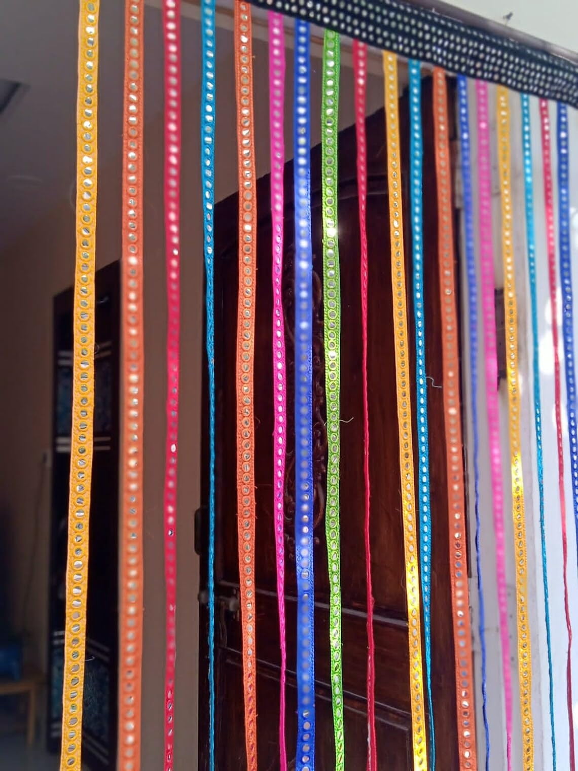Handmade Multicolor Silk Ribbon Curtain: Boho Beaded Door Window Decor