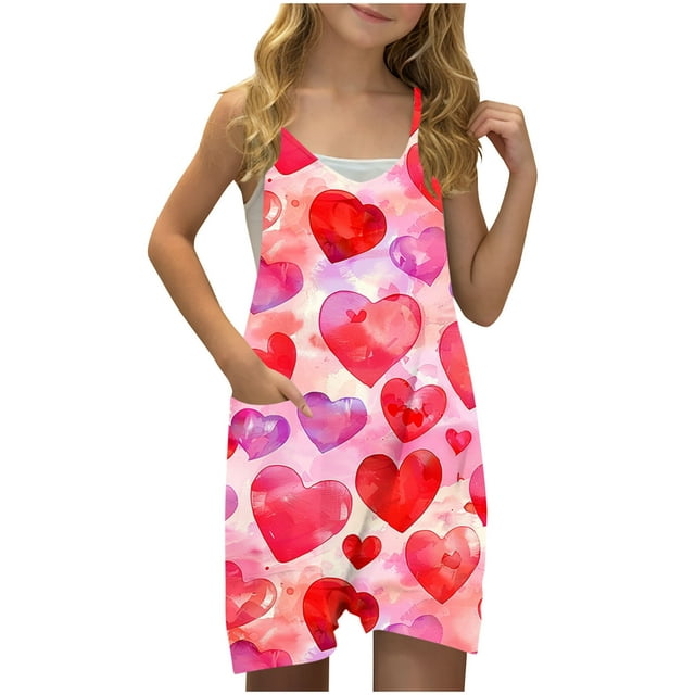 Zpanxa Girls Shorts Polyester Spandex Print Pattern Sleeveless Overalls with Pockets 11-12 Years