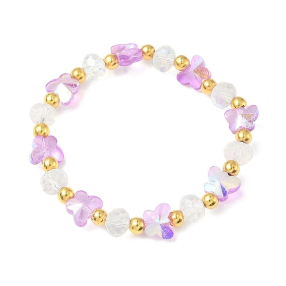 Glass Beaded Stretch Bracelets Butterfly & Rondelle Charm Bracelets for Women Lilac 6-3/4~7-1/8 inch(17~18cm)