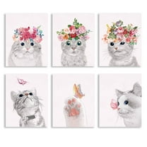 6Pcs Cat Butterfly Unframed Canvas Wall Art Butterfly Bathroom Picture Decor Posters Wearing Flower Butterflies Band Cute Animals Canvas Print Artwork Wall Decor for Kids Bedroom
