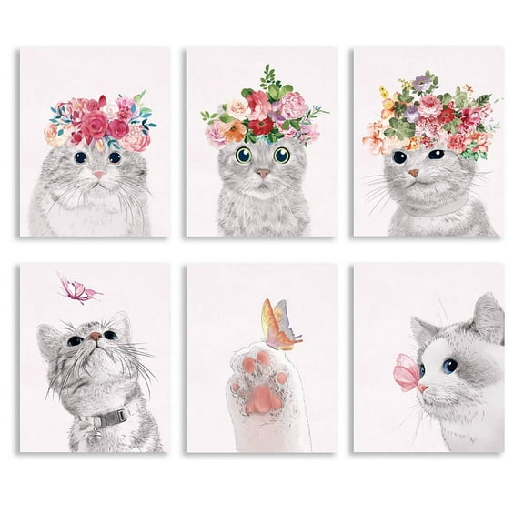 6Pcs Cat Butterfly Unframed Canvas Wall Art Butterfly Bathroom Picture Decor Posters Wearing Flower Butterflies Band Cute Animals Canvas Print Artwork Wall Decor for Kids Bedroom