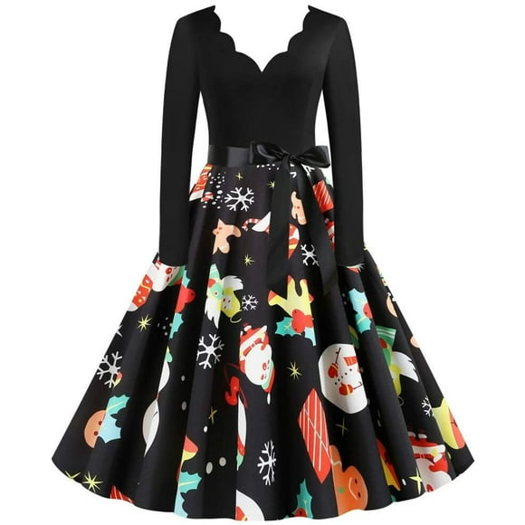 ATTOE Music Note Print Elegant Party Dresses Women 1950s 60s Retro Vintage Robe Plus Size Casual Christmas S-3XL (Color : B003, Size : Small)