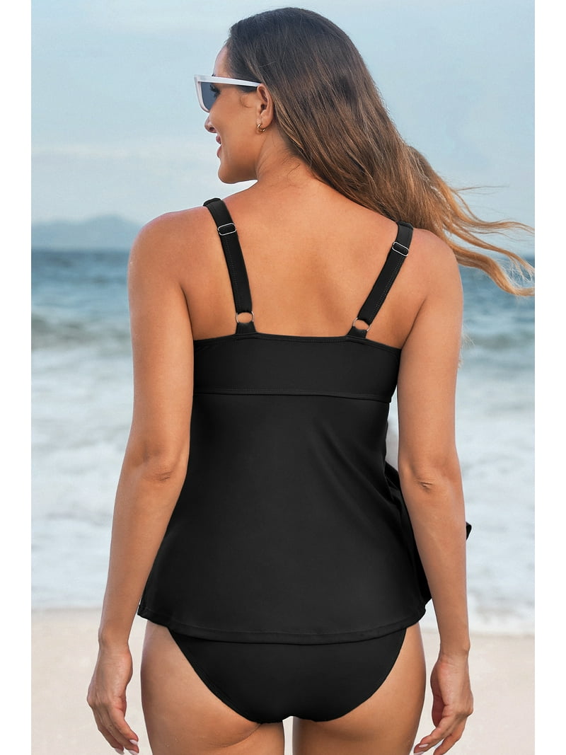 Women's Black Crossed V Neck Adjustable Strap Babydoll Tankini Top