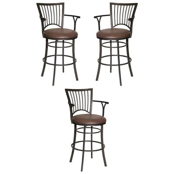 Home Square Metal Swivel Bar Stool in Brown Microsuede Seat - Set of 3