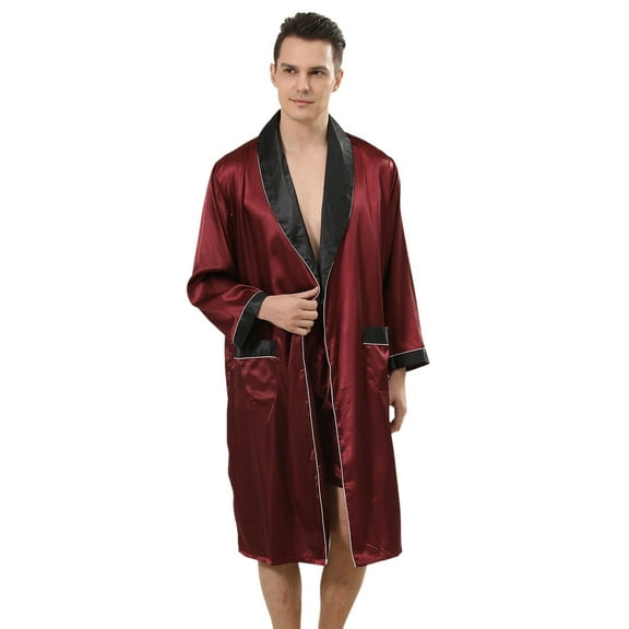 JTieacloth Men's Nightgown Male Robe Satin Bathrobe With Shorts Set Pajamas Silky Kimono Robe Red