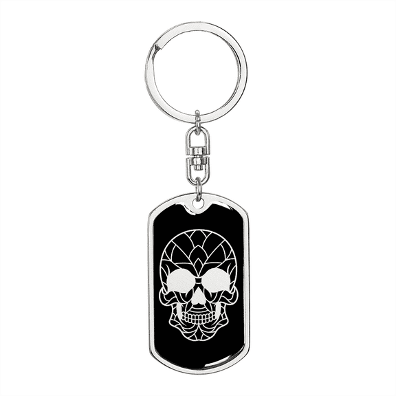 Calavera Mexican Sugar Skull 23 Stainless Steel or 18k Gold Premium Swivel Dog Tag Keychain
