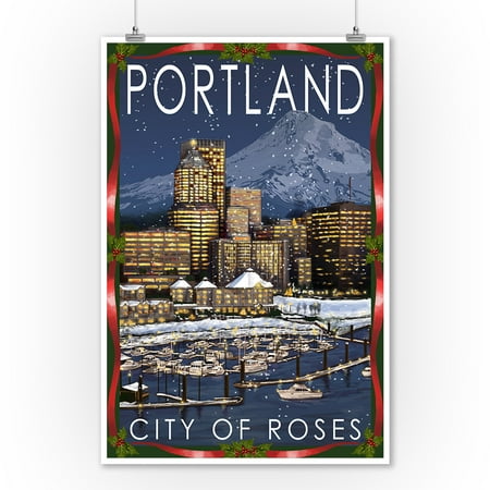 Christmas Ships Portland Oregon Portland, Oregon - Skyline at Night - Christmas Version - Lantern Press Artwork (9x12 Art Print, Wall Decor Travel Poster) ()