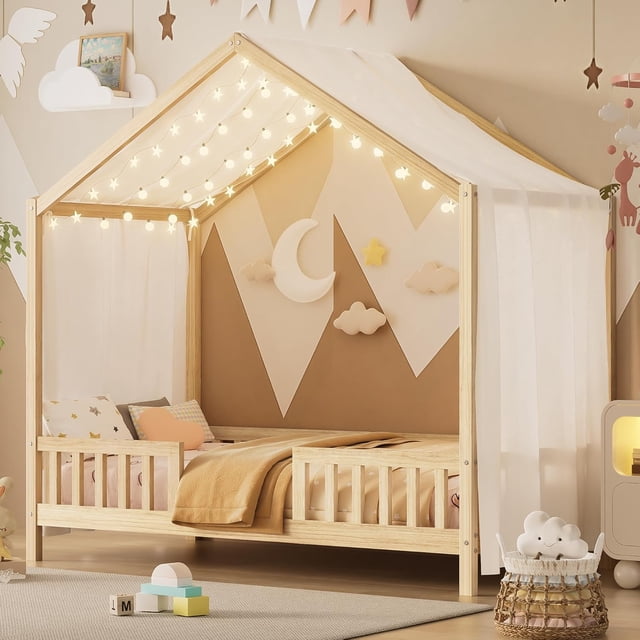 Twin Floor Platform Bed with Canopy Roof, House-Shaped Wood Bed Frame with Safety Railings, Low Profile Bed Frame with Slatted Support, No Box Spring Needed, Natural