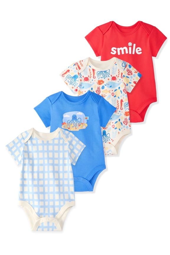Newborn & Baby Boy Cotton Lap-Shoulder Short-Sleeve Bodysuits, 4-Pack, Sizes 024M