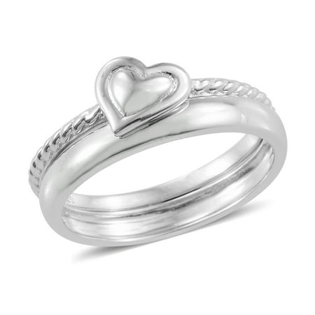 - Set of 2 Heart Band Ring 925 Sterling Silver Platinum Plated Gift Jewelry for Women Avg. 4.02 g