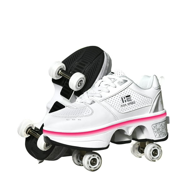 KOFUBOKE Zapatos de patín con ruedas con deformación LED, zapatos para caminar de doble hilera con ruedas invisibles, polea extraíble 2 en 1, patinaje Parkour (parte superior baja blanca con luz 8)